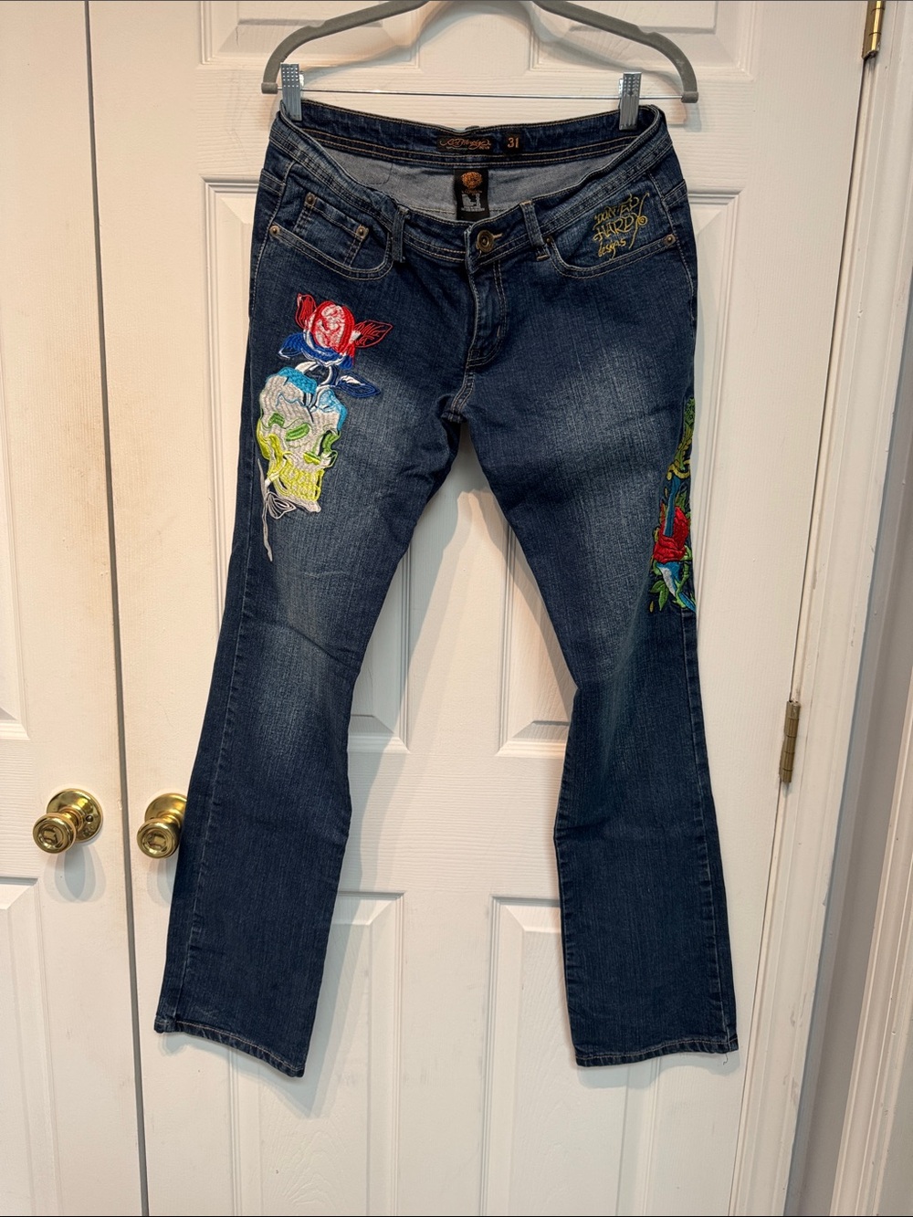 Ed Hardy Dark Blue Jeans with Multicolor Skull & Rose Embroidery